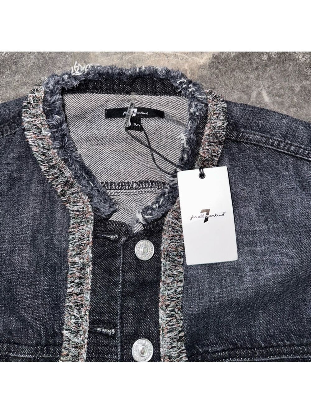 7 For All Mankind Dark Denim Jean Jacket With Fray Neck 100% Cotton Size XS NWT - Picture 2 of 7